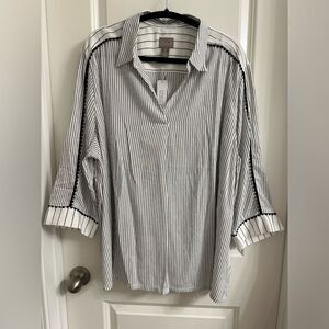 Chico’s Stripes Pom Pom Popover shirt top SZ 4 Front Button Down Color White